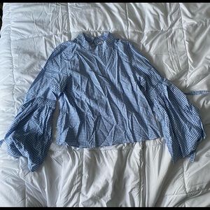 Mock High Neck and Bell Sleeved Blue and White Plaid Top, Size Medium